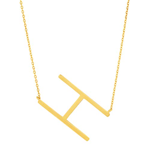 MAX + STONE 14k Gold Plated Sterling Silver Large Sideways Block Initial Letter Pendant Necklace for Woman with 16 Inches to 18 Inches Adjustable Chain and Spring Ring Clasp - style: Letter H