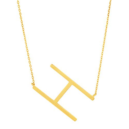 MAX + STONE 14k Gold Plated Sterling Silver Large Sideways Block Initial Letter Pendant Necklace for Woman with 16 Inches to 18 Inches Adjustable Chain and Spring Ring Clasp - style: Letter H