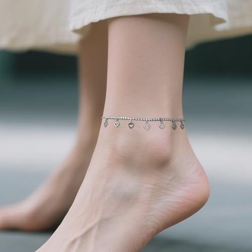 Silver Heart Charm Link Anklet for Women, Adjustable Handmade Cubic Zirconia Stackable Waterproof Summer Beach Chain Anklets Jewelry Accessories Gift - color: Silver Hollowed Heart