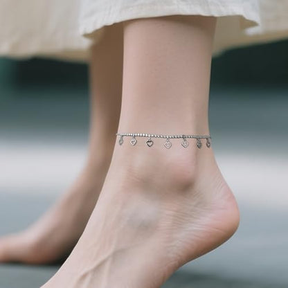 Silver Heart Charm Link Anklet for Women, Adjustable Handmade Cubic Zirconia Stackable Waterproof Summer Beach Chain Anklets Jewelry Accessories Gift - color: Silver Hollowed Heart
