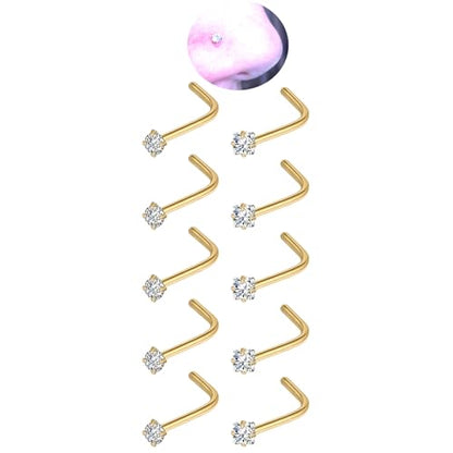 20G Nose Rings Studs for Women Corkscrew Sliver Nose Studs Hypoallergenic Nose Rings 316L Stainless Steel Nose Nostril Percing Jewely for Women Men Round Square CZ Imitation Diamond 1.5mm/2.0mm/2.5mm/3.0mm - style: 20G-L-Shape-gold-2.0mm