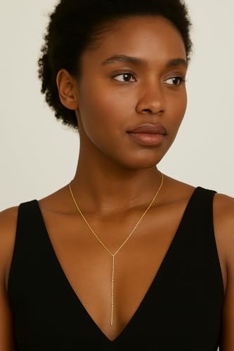 14K Gold Plated Y Necklace for Women – Dainty Lariat Long Pendant Chain, Layered Drop Necklace for V Neck Dress, Simple Sexy Cleavage Jewelry Gifts for Women - color: Gold - Single Layer - Bead