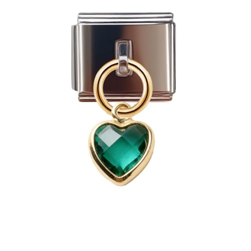 Birthstone Heart Dangle Charm for 9mm Italian Charm Bracelet, Stainless Steel with Birth Stone, Birthday Gift - color: May