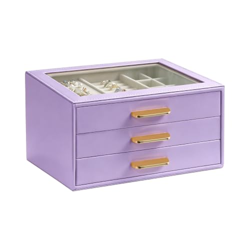 Homeanda Glass Lid Jewelry Boxes for Women, 3-Layer PU Leather Organizer with 2 Drawers, Display Storage for Rings Necklaces Earrings Bracelets Watches, Gift for Wife and Girls (Lavender Purple) - color: Lavender Purple, size: 3 Layer (8.4"D x 5.7"W)