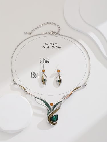 Chunky Statement Jewelry Set Vintage Retro Leaf Flower Floral Geometric Bohemian Boho Bib Necklace Earring Set Fashion Costume Jewelry for Women Girls Wedding Party Prom Unique Gift - style: Teardrop - Green Crystal
