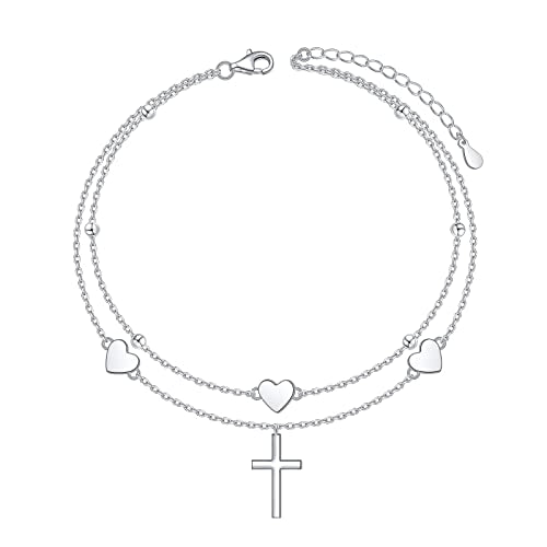 Anklet for Women 925 Sterling Silver Foot Adjustable Ankle Bracelet Jewelry - style: Heart Cross