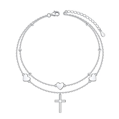 Anklet for Women 925 Sterling Silver Foot Adjustable Ankle Bracelet Jewelry - style: Heart Cross