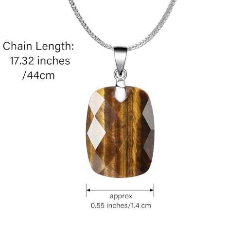 iSTONE 925 Sterling Silver Natural Crytral for Womens Pendant Necklace, Gemstone Birthstone with 17.8" Silver Chain Ladies - color: Rectangle - Tiger's Eye
