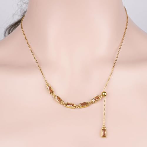 Emerald Cut Y Shaped Necklace for Women 18K Gold Plated Double Layered Y Lariat Necklace Jewelry Gift - color: Style9-Champagne