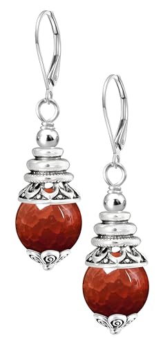 Natural 10mm Stone Beads Drop Earrings,Retro Silver Round Quartz Crystal Gemstone Beads Dangle Earrings for Women - color: A20_Red Dragon-Vein Agate