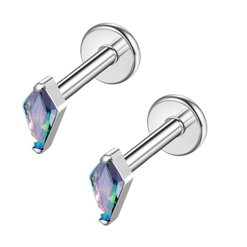 BelezaDosas G23 Hypoallergenic 18g Flat Back Studs Earrings F136 Implant Grade Titanium Tiny Press Fit Threadless Push in Cartilage Helix Labret Lip Conch Tragus Piercing Jewelry - style: BD-Rhombus-VM