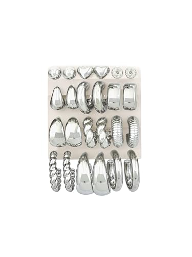 12 Pairs Chunky Gold Hoop Earrings for Women Trendy, Gold Plated Lightweight Hypoallergenic Stack, Thick Open Twisted Huggie Hoops Earring Set - color: Silver Chunky