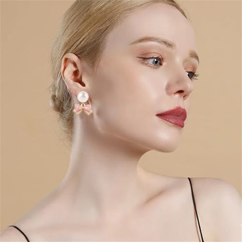 MALOYANVE 4PCS Bow Necklace Earrings Bracelet Ring Set for Women Elegant Bowknot - Adorned Pearl Jewelry Silk Ribbon Necklace Bracelet and Earrings for Christmas - style: Pink Bow