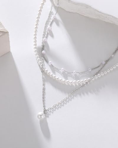 MJartoria Pearl Necklaces for Women, Dainty Layered Pearl Necklace Choker Trendy Jewelry Gifts for Wedding Birthdays Daily Wear - color: Silver