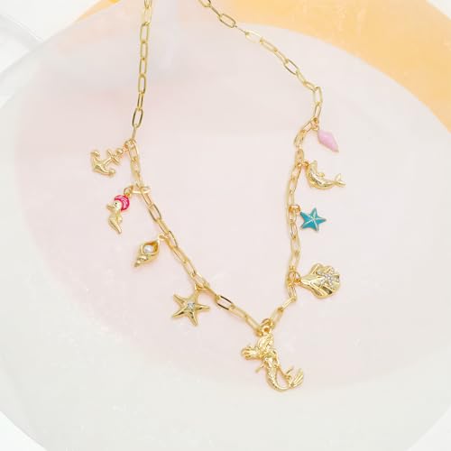 JNF Cute Shell Conch Boho Charm Necklace for Women Sun Moon Star Coin Heart Flower Boot Bow Charms Necklaces Summer Beach Jewelry - color: coastal beach necklace