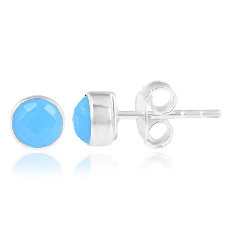 5 MM Natural Gemstone 925 Sterling Silver Hypoallergenic Studs Earrings Jewelry for Women Dainty Trendy Antiqued Silver Birthstone Earrings Jewelry Gifts for Women and Her - color: Aqua Chalcedony