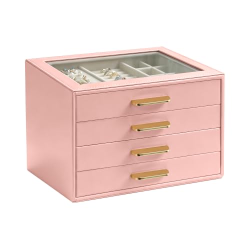 Homeanda Glass Lid Jewelry Boxes for Women, 4-Layer PU Leather Organizer with 3 Drawers, Display Storage for Rings Necklaces Earrings Bracelets Watches, Gift for Wife and Girls (Mauve Pink) - color: Mauve Pink, size: 4 Layer (8.4"D x 7.1"W)