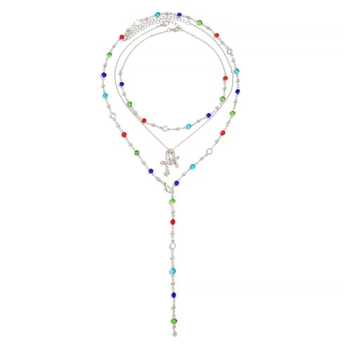 Silvery Layered Necklace for Women, Y Necklace with Cross Pendant, Dainty Stackable Jewelry Gift for Everyday Wear - style: 3PCS - Colorful Chain&2 Cross&Colorful Chain