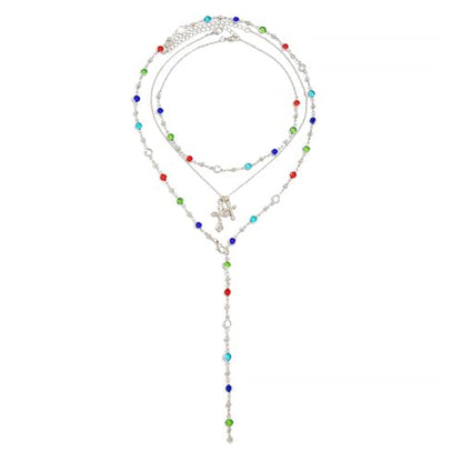 Silvery Layered Necklace for Women, Y Necklace with Cross Pendant, Dainty Stackable Jewelry Gift for Everyday Wear - style: 3PCS - Colorful Chain&2 Cross&Colorful Chain
