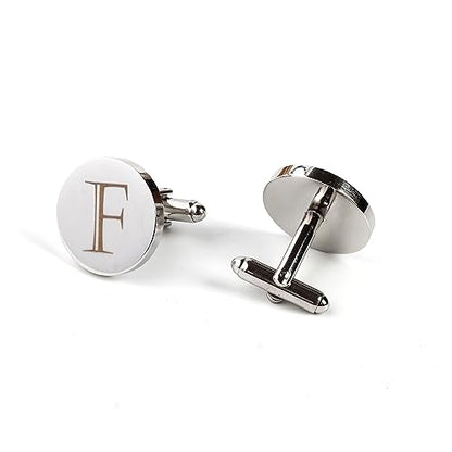 Mens Initial Silver Cufflinks A-Z Alphabet Letter Steel Cuff Links with Engraved Walnut Wood Box Groom Groomsman Wedding Set… - style: F