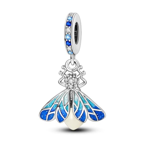 Hapour 925 Sterling Silver Charms for Bracelet Necklace Dangle Pendant Bead | Bear Charm, Elephant Zebra Cat Dream catcher Family Birthday European Jewelry Charm, For Women Mom - color: Blue Glow-in-the-dark Fireflies