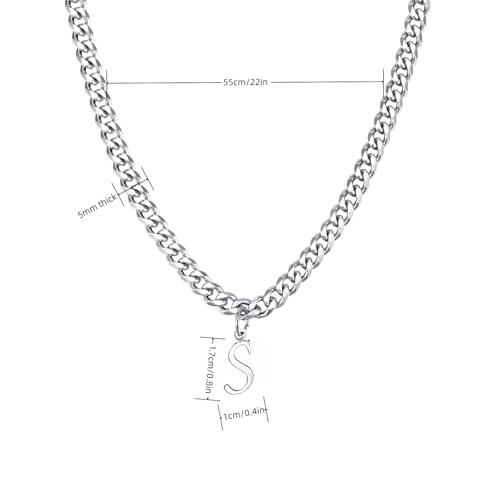 Stainless Steel Initial A-Z Necklace for Men Women,Cuban Chain,Titanium Steel Initial Letter Pendant Charm Necklaces Accessories Jewelry for Woman Man,21 Inch Chain - color: S
