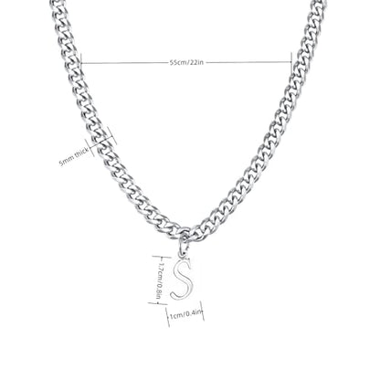 Stainless Steel Initial A-Z Necklace for Men Women,Cuban Chain,Titanium Steel Initial Letter Pendant Charm Necklaces Accessories Jewelry for Woman Man,21 Inch Chain - color: S