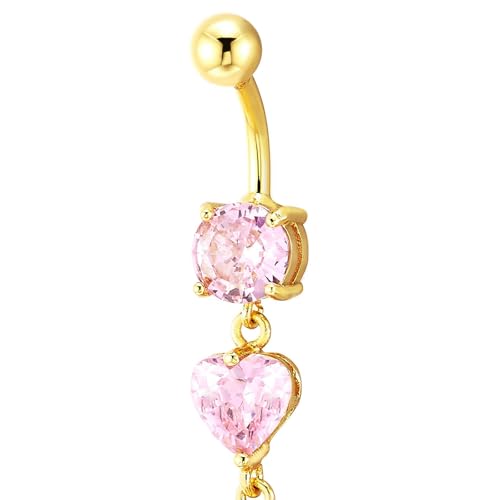 COOLSTEELANDBEYOND Steel Belly Chain Belly Button Ring Body Jewelry Piercing Navel Ring with Long Dangle Cubic Zirconia - color: G-Metal Color: Gold