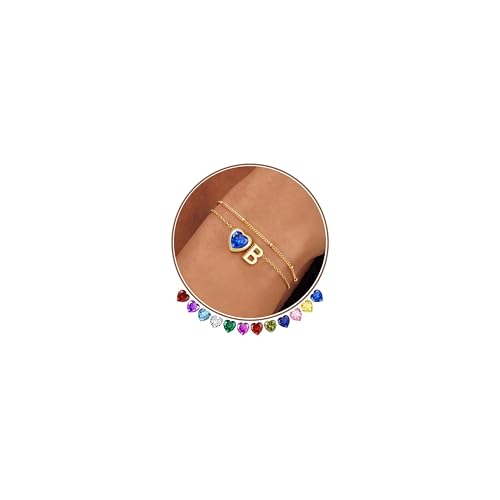 14K Gold Plated Heart Initial Birthstone Gold Bracelets for Women | Dainty Heart Letter A-Z Charm Layered Bracelets Birthday Trendy Jewelry Gifts for Women - color: B