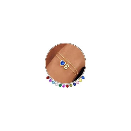 14K Gold Plated Heart Initial Birthstone Gold Bracelets for Women | Dainty Heart Letter A-Z Charm Layered Bracelets Birthday Trendy Jewelry Gifts for Women - color: B