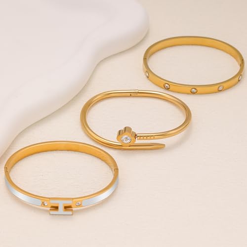 3Pcs Gold Bracelets for Women 14K Gold Plated Love/H/Nail Bangle Bracelet Dainty Non Tarnish Bracelet Jewelry Christmas Mothers Day Gifts for Women - color: 3Pcs Gold/Grey H bracelet
