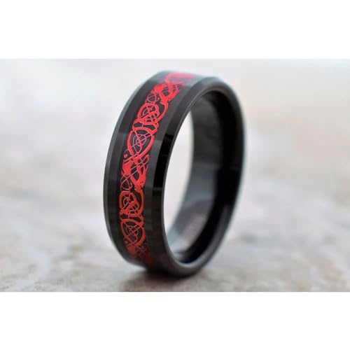 8mm Black Tungsten Carbide Ring for Men Women Red Carbon Fiber Celtic Dragon Inlay Knot Promise Wedding Band Beveled Edges Polished Comfort Fit - color: Red