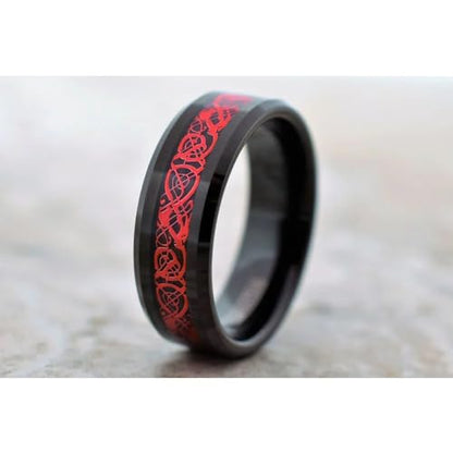 8mm Black Tungsten Carbide Ring for Men Women Red Carbon Fiber Celtic Dragon Inlay Knot Promise Wedding Band Beveled Edges Polished Comfort Fit - color: Red