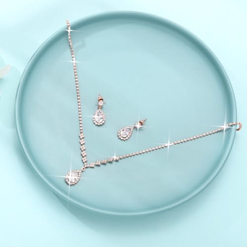 Unicra Bride Crystal Necklace Earrings Set Bridal Wedding Jewelry Sets Rhinestone Choker Necklace Prom Costume Jewelry Set for Women and Brides - color: Rose Gold