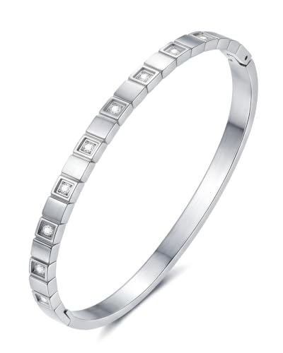 Joo&Rind Gold Bangle Bracelets for Women 18K Gold Plated Stainless Steel Bracelet Oval Hinged Bangles for Small Wrists Non Tarnish Waterproof with Cubic Zirconia Jewelry Gift for Everyday Wear Birthday - color: Square White Zirconia-Silver