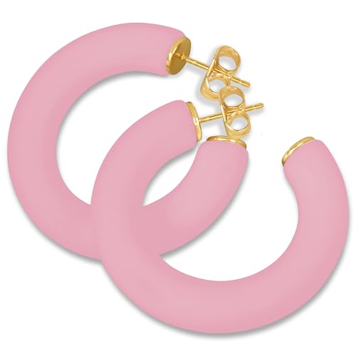 Gold Plated Multicolor Resin Chunky Thick Open Hoop Earrings in 57MM and 37.5MM Diameters - color: Pink - Pastel - Matte Finish, size: 37.5MM (1.48") Diameter