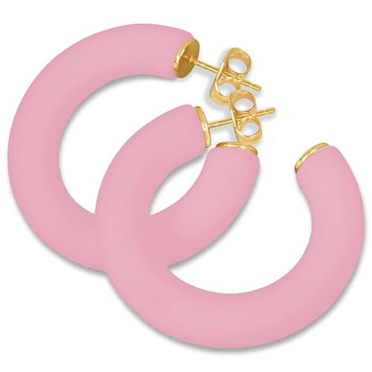Gold Plated Multicolor Resin Chunky Thick Open Hoop Earrings in 57MM and 37.5MM Diameters - color: Pink - Pastel - Matte Finish, size: 37.5MM (1.48") Diameter