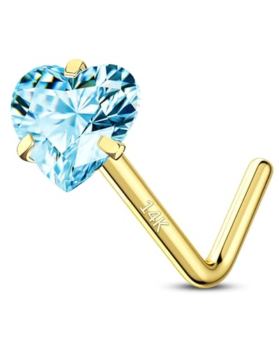 14K Real Gold Nose Studs 20G Nose Rings Studs L Shaped Nose Rings for Women Men Diamond CZ Nose Piercing - color: Yellow Gold-Heart BLCZ