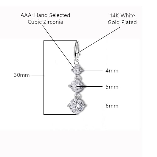 Savlano 14K White Gold Plated Three Cubic Zirconia Crystal Round Cut Dangle Earrings For Women