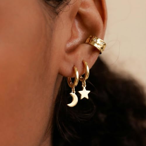 Earrings for Women 14K Gold Plated Huggie Hoop Dangle | Charm Drop,Dainty,Small,Simple,Lightweight,Hypoallergenic,Trendy,Everyday Jewelry,Gift - color: 02. Moon