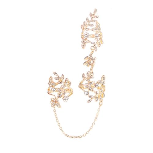 Rhinestone Finger Ring for Women Sparkly Crystal Butterfly Flower Leaf Adjustable Statement Chain Rings Punk Jewelry - color: Gold Leaf