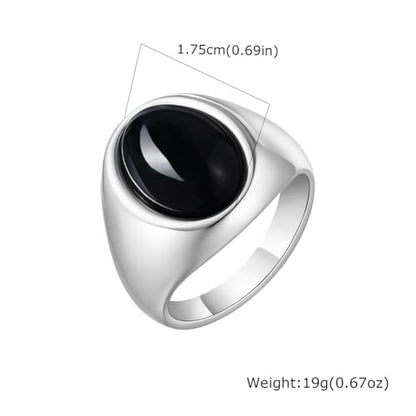 HIJONES Unisex Stainless Steel Oval Agate Gemstone Inlaid Silver Plated Signet Ring Solid Glossy Wedding Band - color: Black Stone