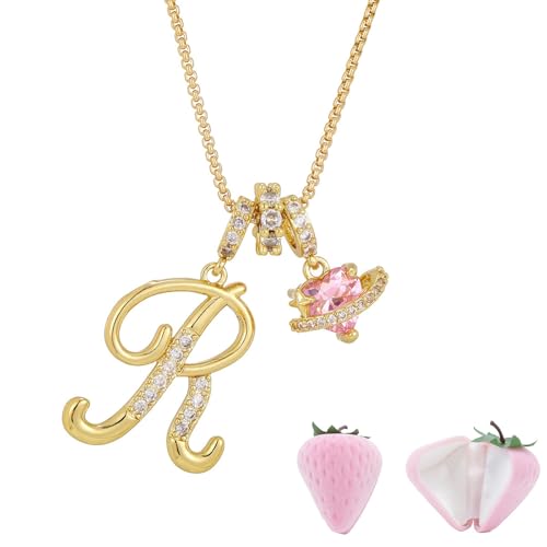 Initial Letter Necklace with Pink Heart Charm, Sparkling Zircon Alphabet Pendant in Gold or Silver Tone, Sweet Style Jewelry with Gift Box, Letter Chain for Daily Wear and Gift - color: Gold+Pink Box, size: #R