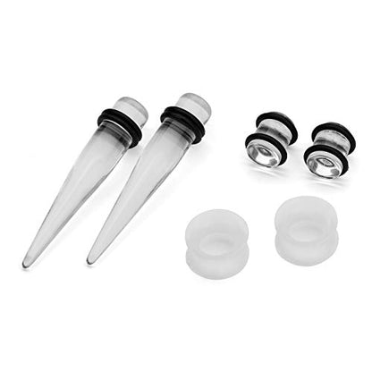 50-Piece Ear Gauges Stretching Kit, 14G-00G | Acrylic tapers and plugs with soft silicone tunnels, body piercing jewelry for women and men - color: Transparent