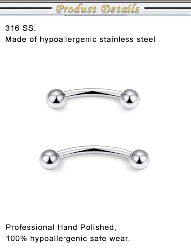 Eyebrow Piercing Jewelry Surgical Steel Vertical Labret Lip Jewelry Curved Barbell Tiny Eyebrow Ring Ear Rook Navel Small Belly Button Ring for Women Men 16g Bar Length 6mm/8mm/10mm/12mm - color: silvertone,ball
