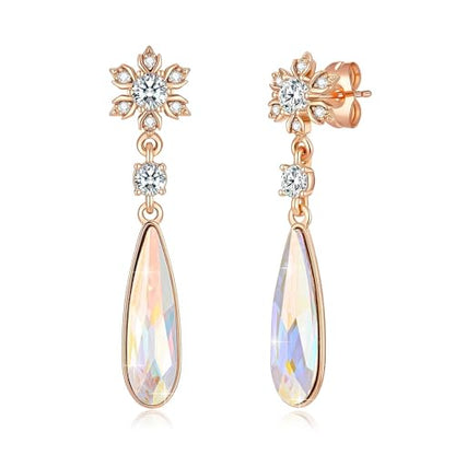 Austrian Crystal Teardrop Earrings Flower Dangle Earrings for Women 14K Gold Plated Drop Stud Earrings Hypoallergenic Jewelry - color: Aurora Borealis