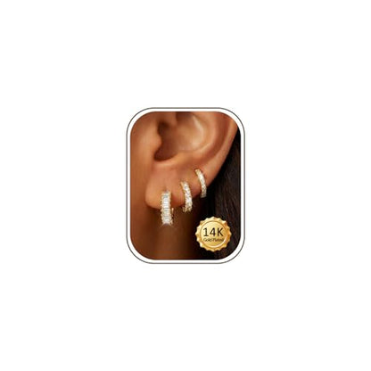 Small Gold Earring Stack Trendy 925 Sterling Silver Earrings for Women Hypoallergenic 14K Gold Plated Cubic Zirconia Stud Hoop Non Tarnish Huggie Hoop Earrings Set for Multiple Piercing Jewelry Gift - style: Gold: 3 Pairs of Shiny CZ Hoops