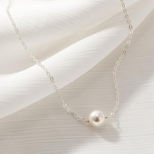 Pearl Necklace for Women- 14K Gold-plated/White Gold-plated Dainty Pearl Necklace for Women - color: Silver single pearl