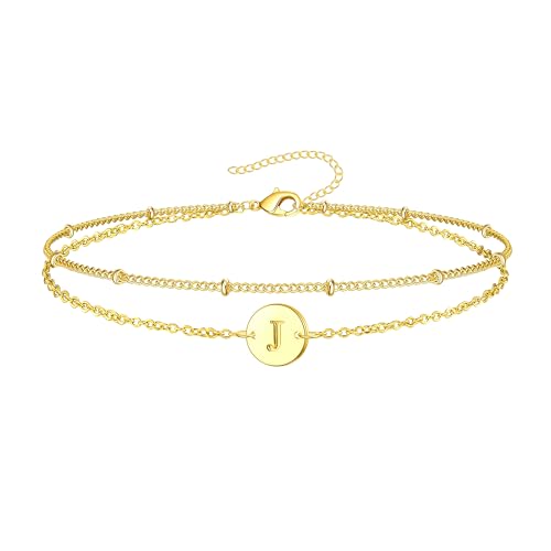 Inerney Personalized Gold Initial Bracelets for Women - Dainty 14K Gold Plated Layered Disc Monogram Charm Bracelet, Customizable A-Z Letter Jewelry Gift for Her - color: J, size: 8.5 inches gold