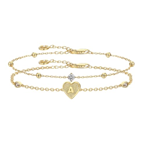 Cicy Bell Gold Heart Initial Bracelets for Women Gifts Dainty 18K Gold Plated Cubic Zirconia Personalized A-Z Name Chain Link Charm Bracelet Non Tarnish Birthday Jewelry Gifts for Her - color: Style 1-A-Gold
